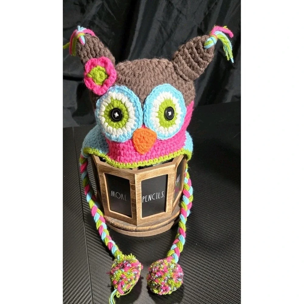 Hand Crocheted Owl Infant Cap Beanie Braided Ear Flaps Button‎ Eyes Toddler